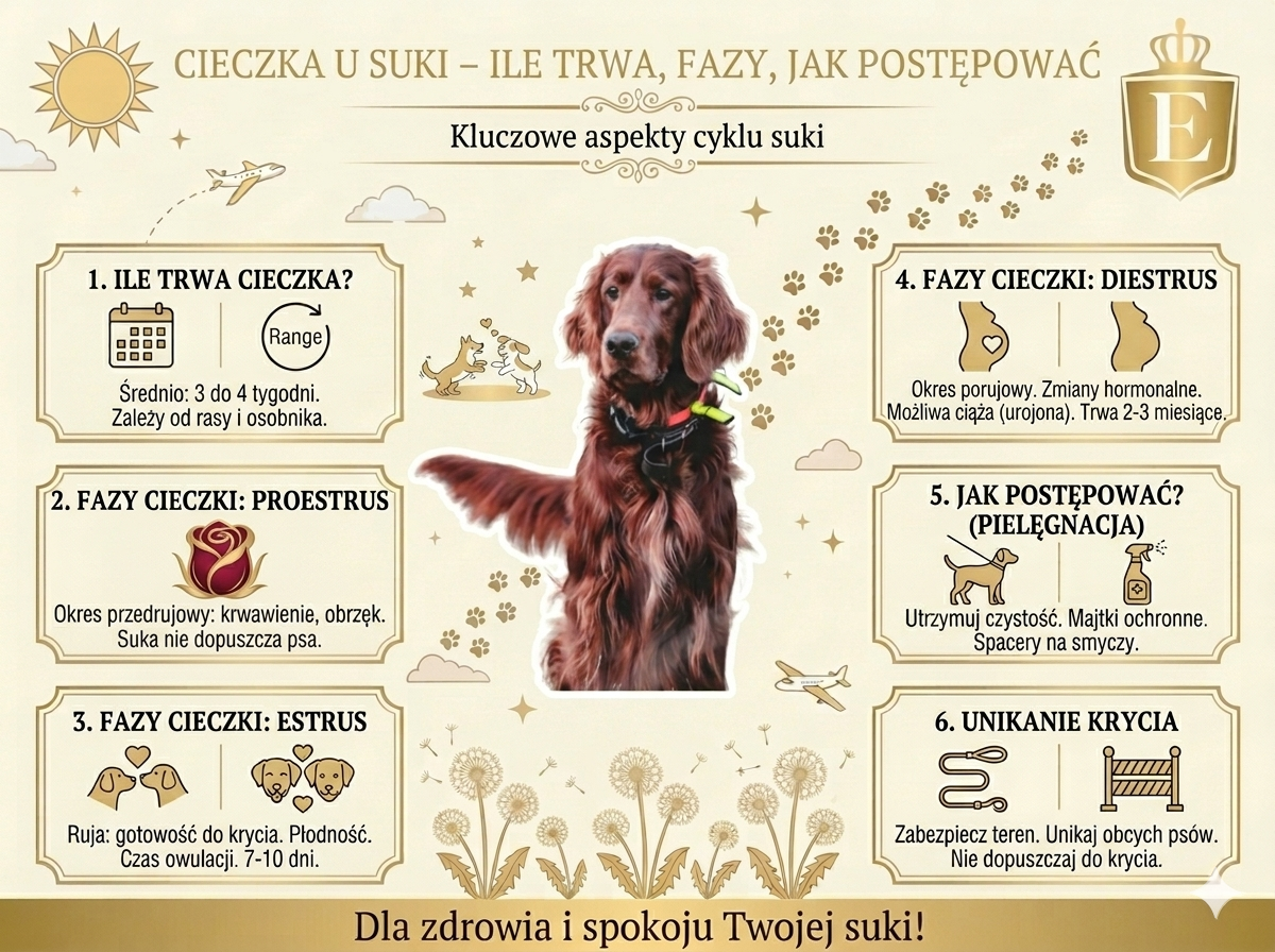 Cieczka u suki – ile trwa, fazy cieczki i jak postępować. Infografika przedstawiająca przebieg rui u psa, objawy cieczki, pielęgnację suki oraz zasady zapobiegania kryciu.